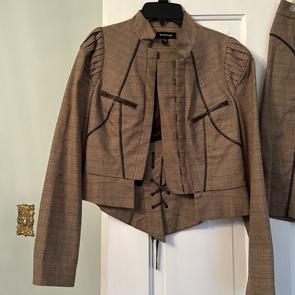 Y2K bebe Brown Plaid Corset Jacket and matching suit skirt - Bebe suit skirt